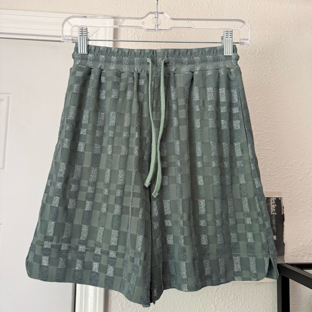 FIND ME NOW dark sage mint metallic shiny glitter high rise knit bermuda shorts